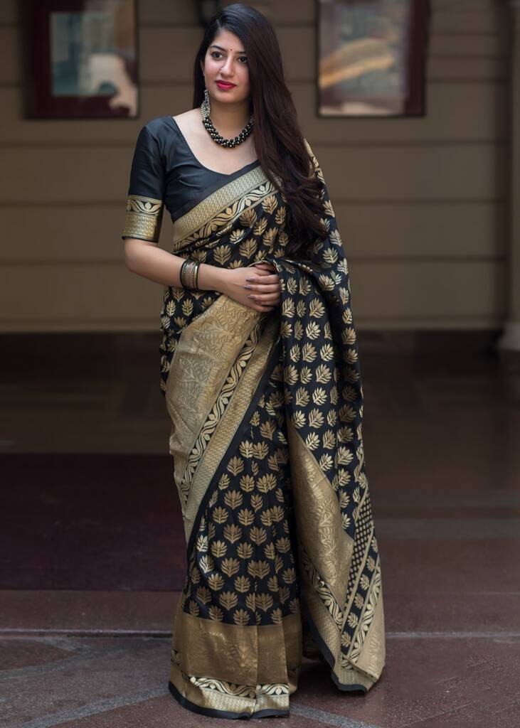 SHREEJI TAX MEESHO Women's Litchi Silk Designer Banarasi Saree (Rukmani  Black)