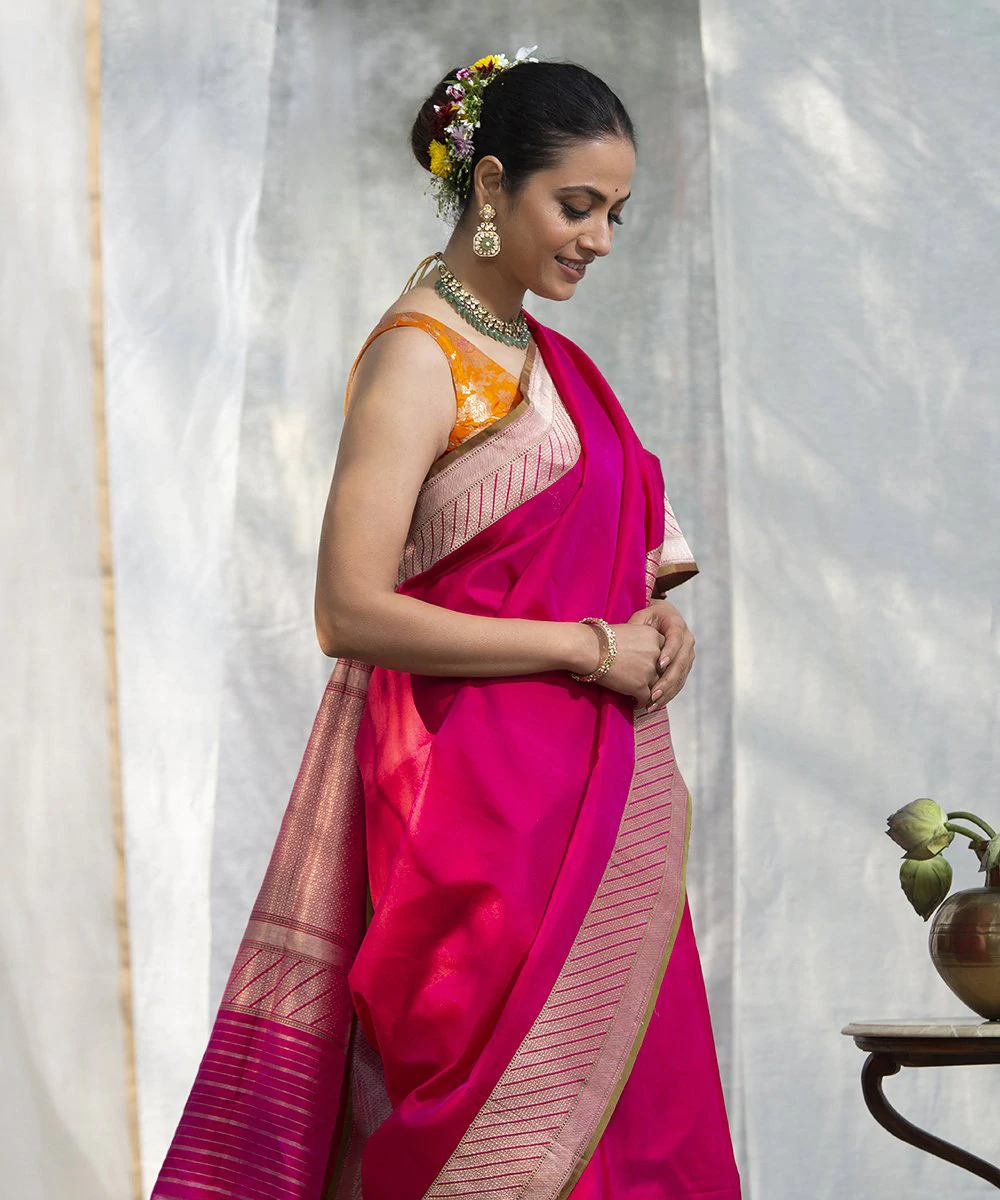 Buy Deep Pink Plain Designer Saree With Embroidered Lace Border Online