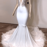 White Prom Dress With Feathers